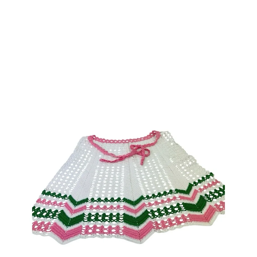 Vintage Hand Crochet Kitchen‎ Apron Cottage Core Granny Tea Party Pink Green
